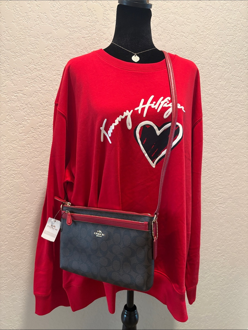 NWT Coach Signature Crossbody Bag in Brown with Red Trim